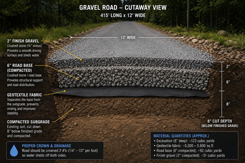 Cutaway diagram of a Skidrig gravel road: finish gravel, compacted road base, geotextile fabric, and compacted subgrade with crown drainage